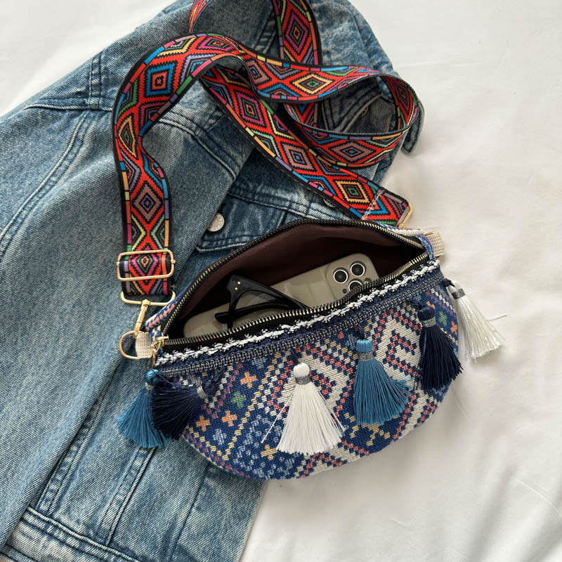 Boho crossbody torba s resama - etnički stil, proljeće 2025, zatvarač, poliesterska podstava, skriveni unutarnji džep sa zatvaračem