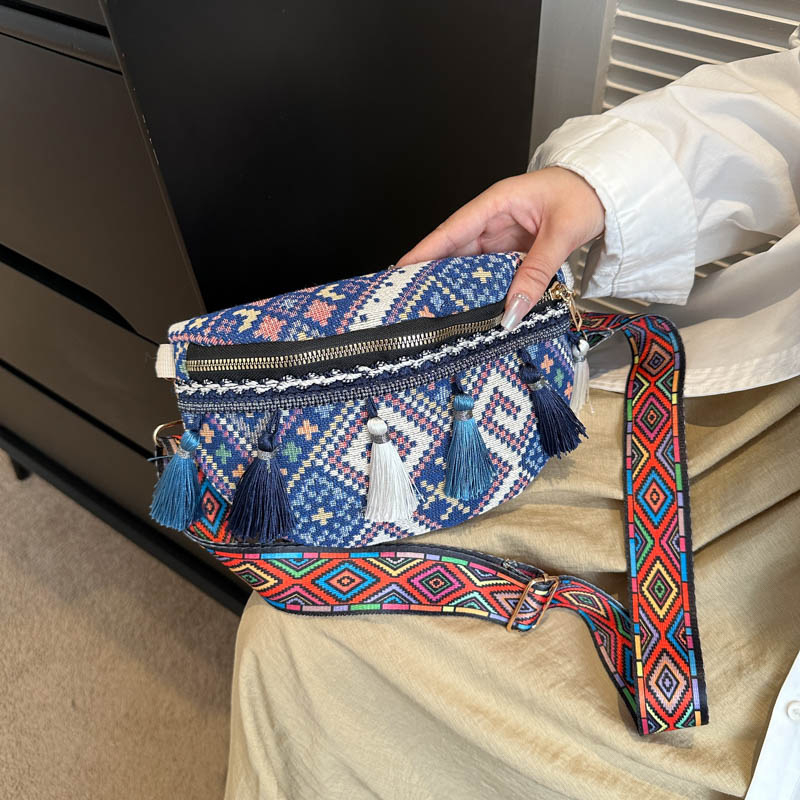 Boho crossbody torba s resama - etnički stil, proljeće 2025, zatvarač, poliesterska podstava, skriveni unutarnji džep sa zatvaračem