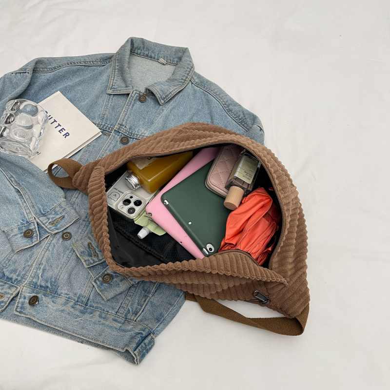 Corduroy mestská taška na rameno a cez telo s veľkou kapacitou, zapínanie na zips, štýl: mestská jednoduchosť