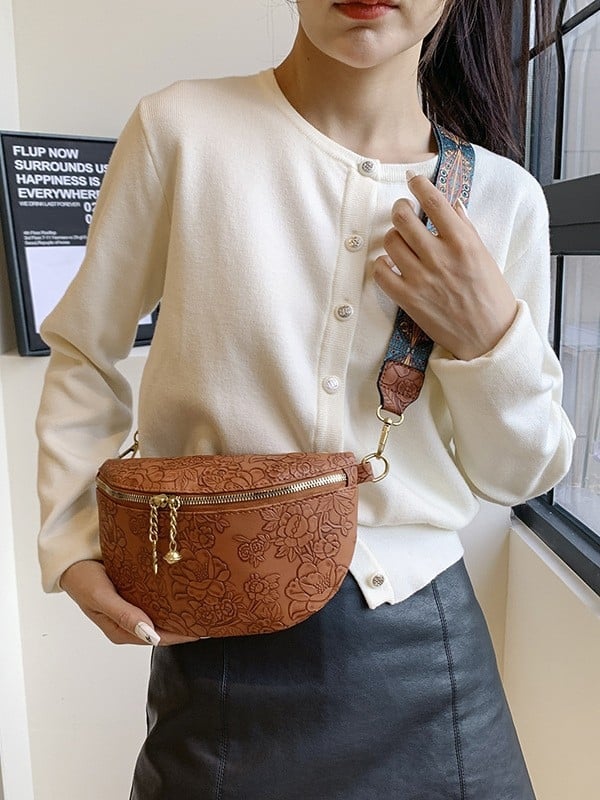 Ženska crossbody torbica s reljefnim cvjetnim uzorkom, PU materijal, jesen 2024, zatvarač, unutarnja podstava s pretincom za ID karticu, mekana konstrukcija