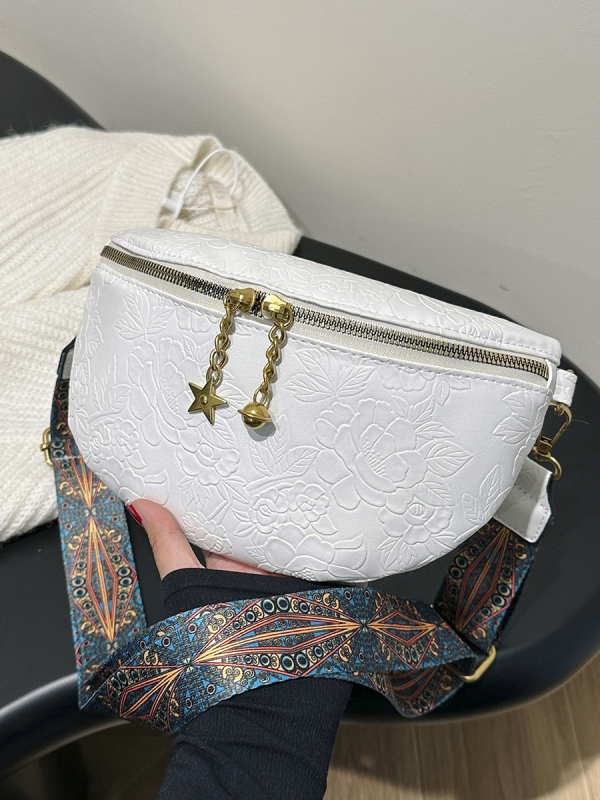 Ženska crossbody torbica s reljefnim cvjetnim uzorkom, PU materijal, jesen 2024, zatvarač, unutarnja podstava s pretincom za ID karticu, mekana konstrukcija