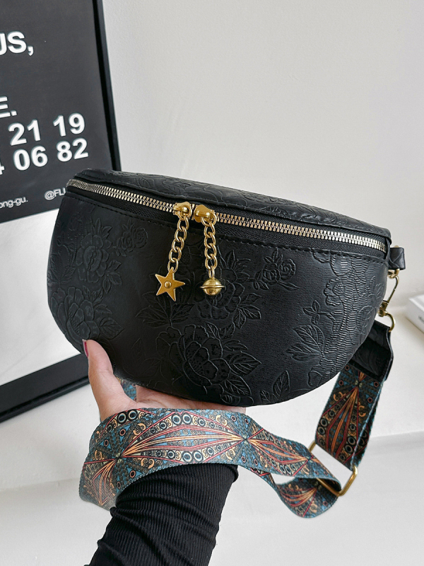 Ženska crossbody torbica s reljefnim cvjetnim uzorkom, PU materijal, jesen 2024, zatvarač, unutarnja podstava s pretincom za ID karticu, mekana konstrukcija