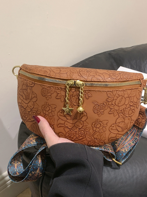 Ženska crossbody torbica s reljefnim cvjetnim uzorkom, PU materijal, jesen 2024, zatvarač, unutarnja podstava s pretincom za ID karticu, mekana konstrukcija