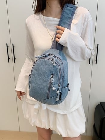 Női denim keresztpántos táska, utcai divat stílus, cipzáras nyitás, laminált rekesz, háromdimenziós sziluett