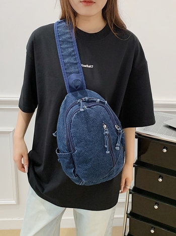 Női denim keresztpántos táska, utcai divat stílus, cipzáras nyitás, laminált rekesz, háromdimenziós sziluett