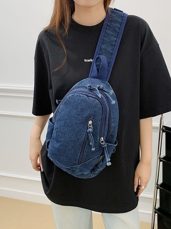 Női denim keresztpántos táska, utcai divat stílus, cipzáras nyitás, laminált rekesz, háromdimenziós sziluett