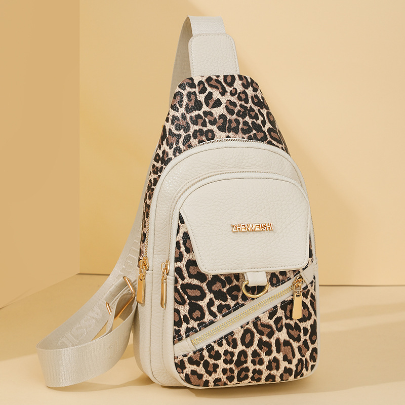 Ženska PU kožna crossbody torba s leopard uzorkom i šavovima, gradski minimalistički dizajn, džep za mobitel i unutarnji džep sa zipom, proljeće 2025