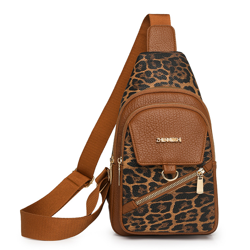 Ženska PU kožna crossbody torba s leopard uzorkom i šavovima, gradski minimalistički dizajn, džep za mobitel i unutarnji džep sa zipom, proljeće 2025