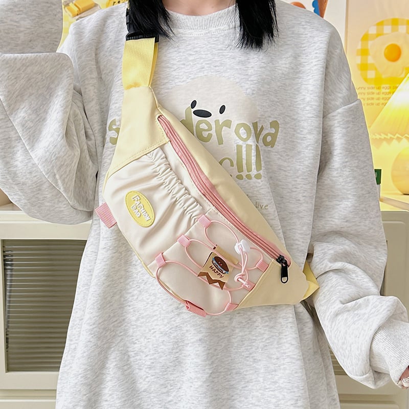 Torba preko ramena s vrpcom, japanski stil, dizajn color-block; vanjski najlon, unutarnja poliester, zatvarač, skriveni džep s zatvaračem.