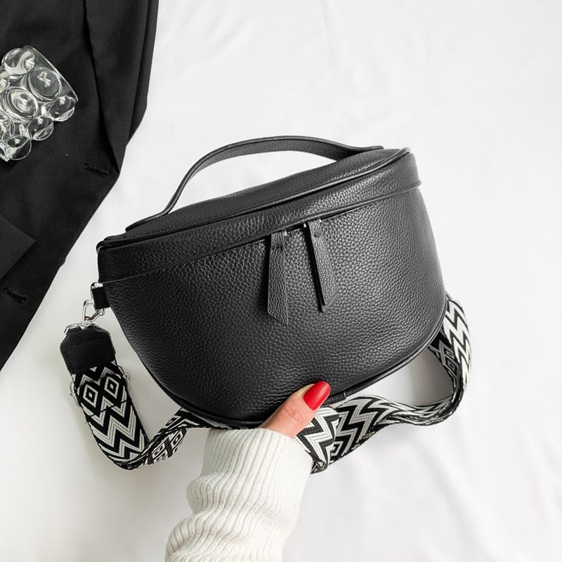 Kožna crossbody torba od prvog sloja goveđe kože, vodoravni kvadratni oblik, zatvarač, poliester podstava, jedan remen