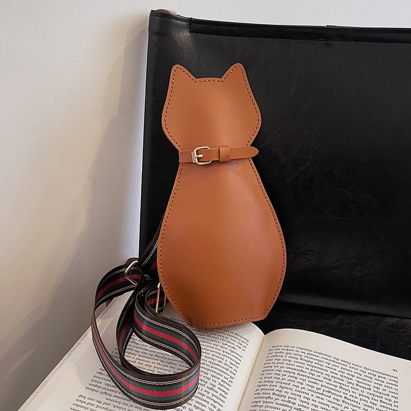 DIY torba preko tijela s mačjim motivom — PU materijal, tkanast tekstura, vertikalni kvadratni oblik, ID džep