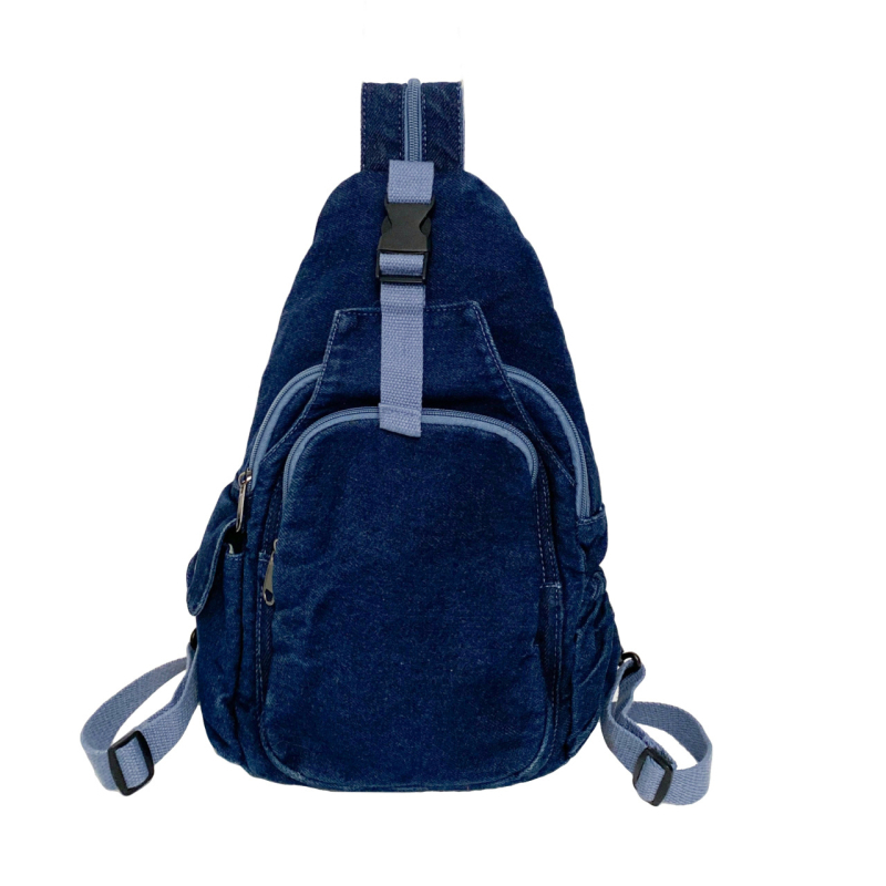 Denim crossbody torba tip košara s zatvaračem, džepom za telefon i poliesterom