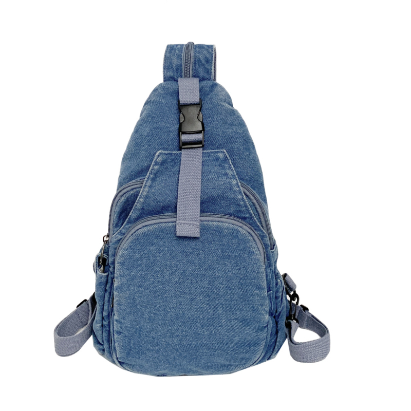 Denim crossbody torba tip košara s zatvaračem, džepom za telefon i poliesterom