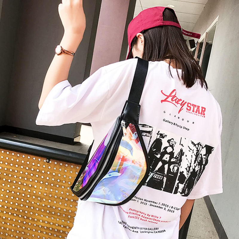 HDWISS дамска поясна чанта TPU – цветна PVC, водоустойчива кръстосана чанта, джобове с цип, полиестерна подплата, вътрешен слой, чанта с капак