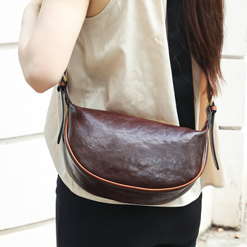 JOGUJOS geantă de damă din piele naturală, piele tratată vegetal, formă Dumpling, stil urban minimalist, geantă crossbody cu fermoar și buzunar pentru telefon