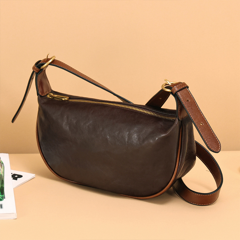 JOGUJOS geantă de damă din piele naturală, piele tratată vegetal, formă Dumpling, stil urban minimalist, geantă crossbody cu fermoar și buzunar pentru telefon