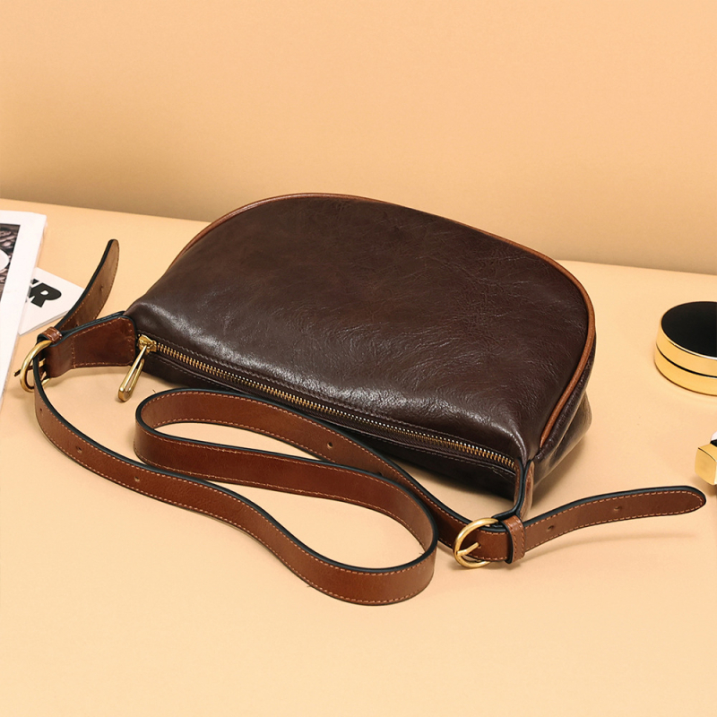 JOGUJOS geantă de damă din piele naturală, piele tratată vegetal, formă Dumpling, stil urban minimalist, geantă crossbody cu fermoar și buzunar pentru telefon