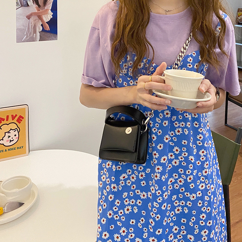 Koreanska mini crna torbica s debelim lancem, mala kvadratna torbica za žene, crossbody, za ruž i novčanik