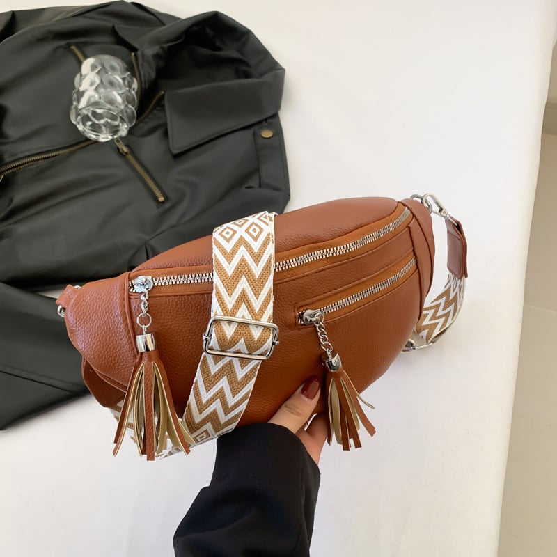 Női övtáska/keresztpántos táska bojt díszítéssel és széles vállpánttal | PU anyag, Street trend stílus, 2024 tavasz, Cipzár, Poliészter bélés