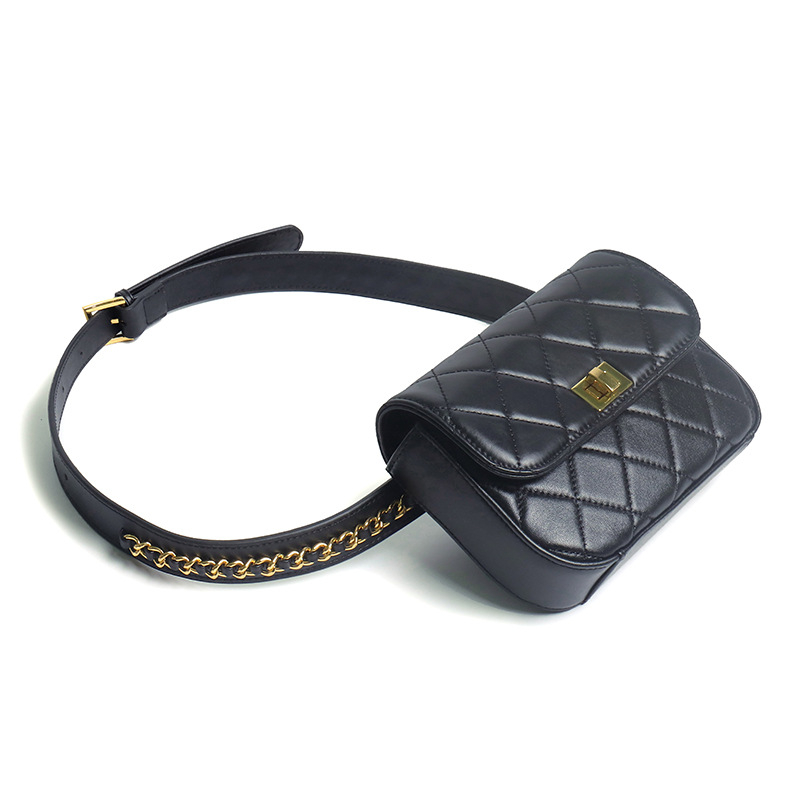 Borsetă din piele naturală, stratul întâi, model pătrat diamantat, curea lată