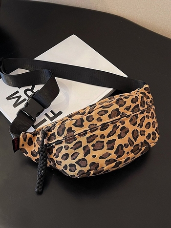 Ženska torbica za pojas s leopard uzorom, gradski jednostavan stil, materijal tkanina, zatvarač, pretinac za mobitel, poliester podstava, NORTH NANSEN, jesen 2024