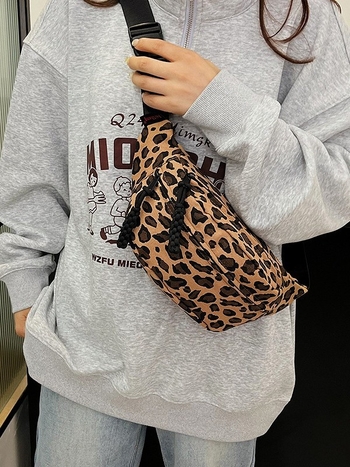 Ženska torbica za pojas s leopard uzorom, gradski jednostavan stil, materijal tkanina, zatvarač, pretinac za mobitel, poliester podstava, NORTH NANSEN, jesen 2024