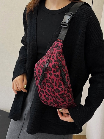 Ženska torbica za pojas s leopard uzorom, gradski jednostavan stil, materijal tkanina, zatvarač, pretinac za mobitel, poliester podstava, NORTH NANSEN, jesen 2024
