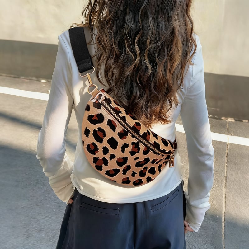 Ženska crossbody torba, leopard uzorak, korejski stil pleteni, lagana, velika kapaciteta, poliester, zatvaranje na zip, unutarnja džep s zipom