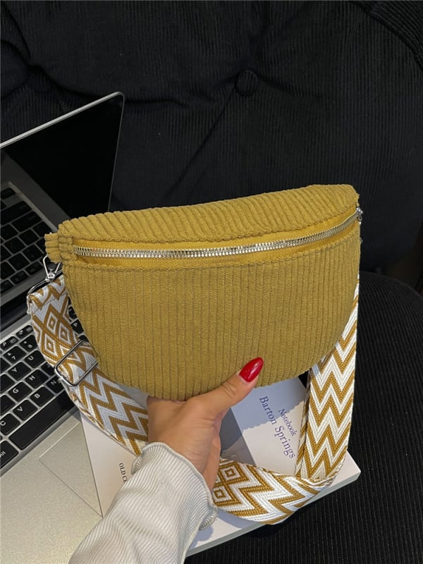 Crossbody torba od Corduroy materijala, školjkasti oblik, zatvarač i skriveni džep, podstava od poliestera