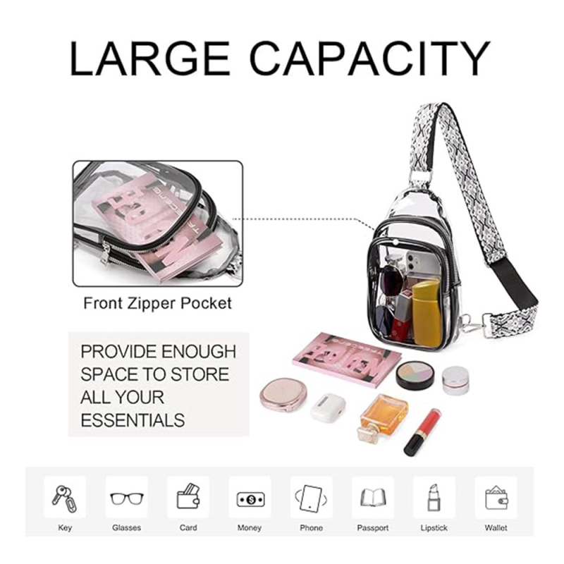 Prozirna PVC torbica za pojas sa zipom, ulični stil, unutarnji džep sa zipom, težina 210 g