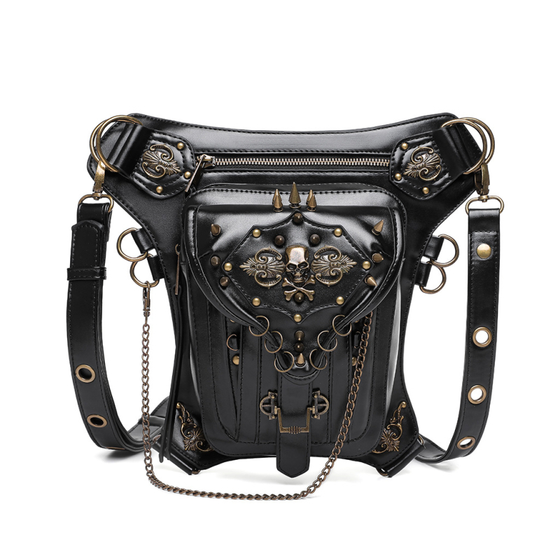 Kros torba s motivom lubanje u steampunk lokomotiva stilu; PU materijal; verticalni kvadratni oblik; zatvarač; unutarnji džepovi: džep sa zatvaračem i džep za mobitel