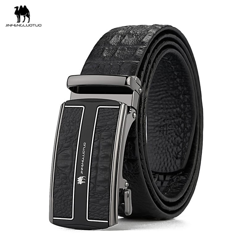 Férfi bőrszíj első rétegű tehénbőrből, krokodil mintával, ötvözetes csattal, téglalap alakú automata csattal