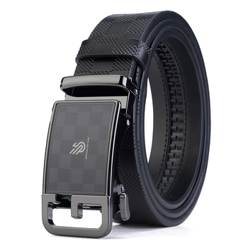 Férfi bőrszíj split bőrből, kockás mintázatú, automata csattal, ötvözet csattal, szélesség 2–4 cm, elektroplatált felület