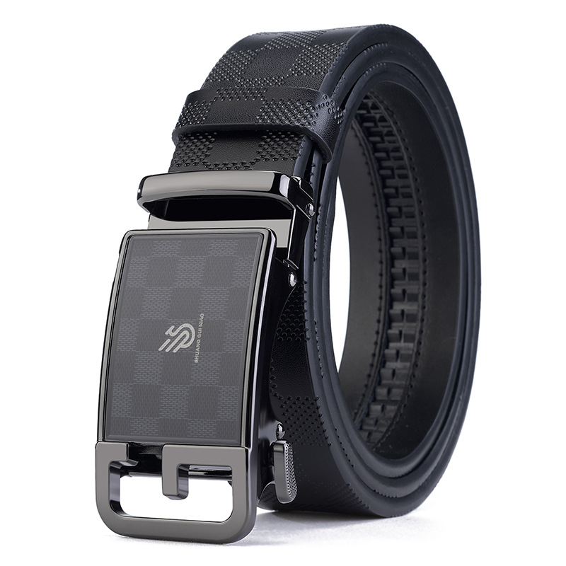 Férfi bőrszíj split bőrből, kockás mintázatú, automata csattal, ötvözet csattal, szélesség 2–4 cm, elektroplatált felület