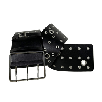 PU bőrből készült széles deréköv ötvözet csattal és tűs zárással, >4 cm szélesség, lyukasztás és elektroplattolás felületkezelés, sokoldalú, magas minőségű dizájn
