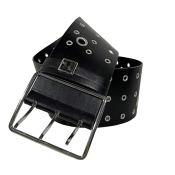 PU bőrből készült széles deréköv ötvözet csattal és tűs zárással, >4 cm szélesség, lyukasztás és elektroplattolás felületkezelés, sokoldalú, magas minőségű dizájn