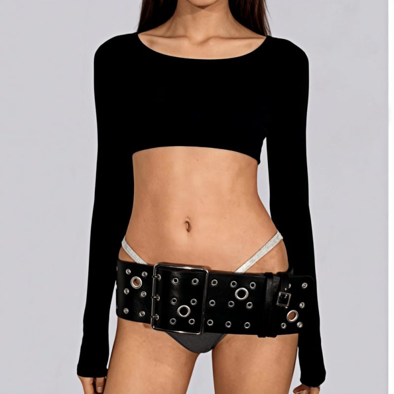 PU bőrből készült széles deréköv ötvözet csattal és tűs zárással, >4 cm szélesség, lyukasztás és elektroplattolás felületkezelés, sokoldalú, magas minőségű dizájn