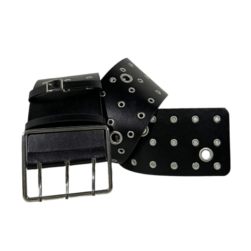 PU bőrből készült széles deréköv ötvözet csattal és tűs zárással, >4 cm szélesség, lyukasztás és elektroplattolás felületkezelés, sokoldalú, magas minőségű dizájn