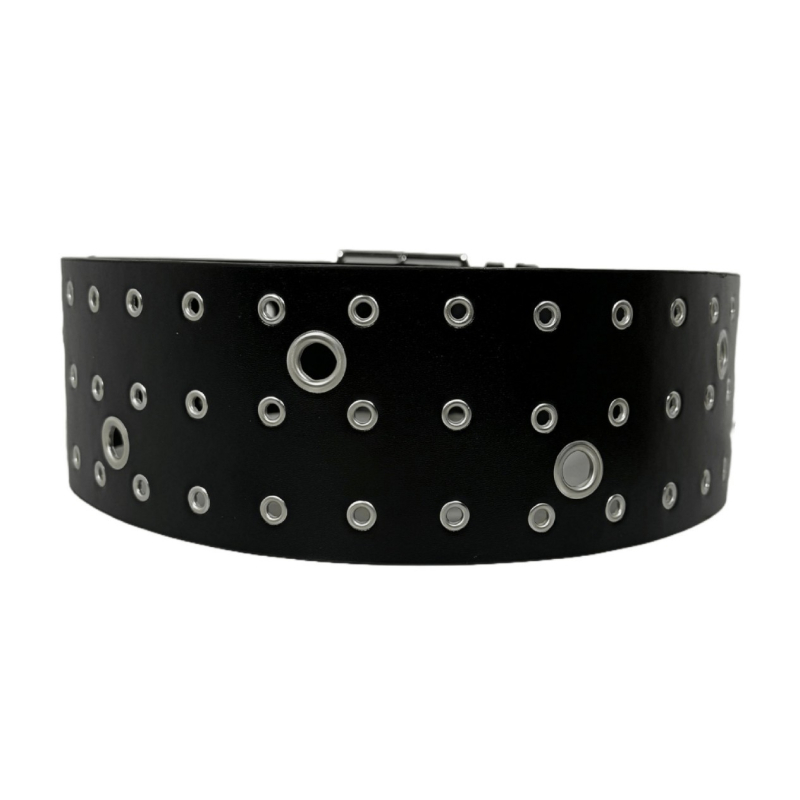 PU bőrből készült széles deréköv ötvözet csattal és tűs zárással, >4 cm szélesség, lyukasztás és elektroplattolás felületkezelés, sokoldalú, magas minőségű dizájn