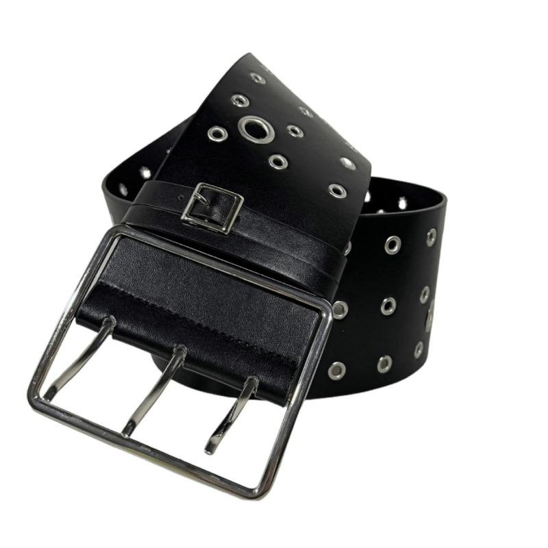PU bőrből készült széles deréköv ötvözet csattal és tűs zárással, >4 cm szélesség, lyukasztás és elektroplattolás felületkezelés, sokoldalú, magas minőségű dizájn