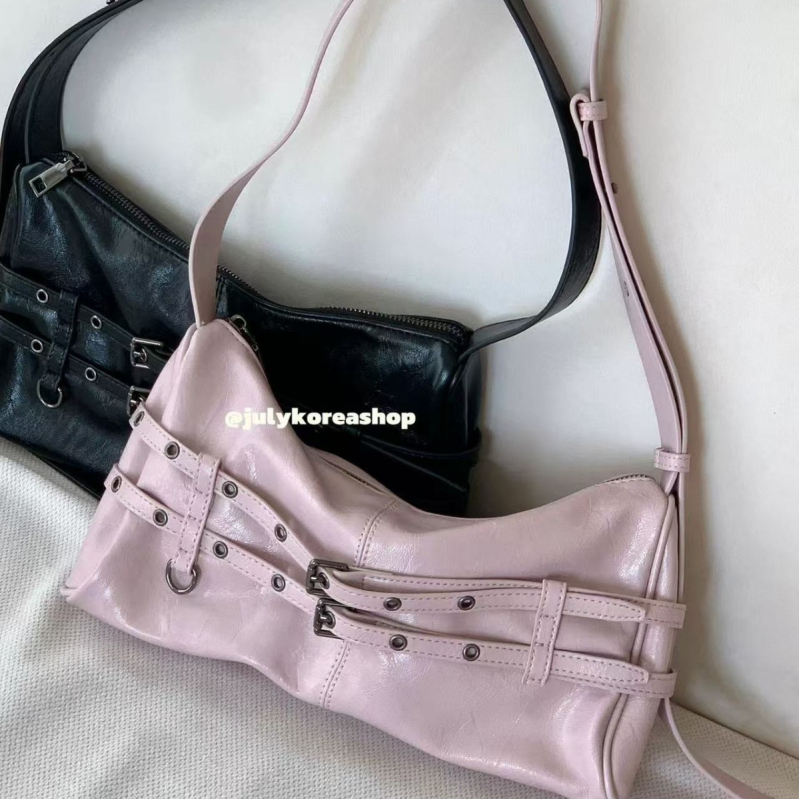 Váll- és keresztbody táska, motoros stílus, nagy kapacitás, PU anyag, Y2K retró övcsattal, vízszintes négyszögletes forma, cipzáras nyitás, belső rejtett zseb cipzárral, egy vállpánt