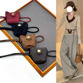 Koreapärase stiiliga veluurist vöötasku, õhuke kootud vöö ja sõlmedega dekoratiivne vöö, sidumisega sulgemine