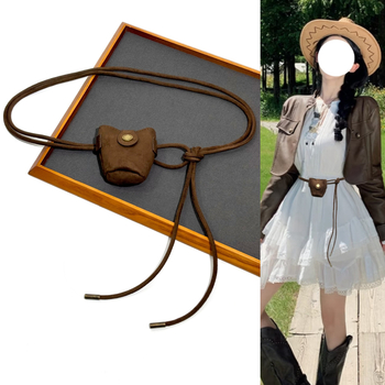 Koreapärase stiiliga veluurist vöötasku, õhuke kootud vöö ja sõlmedega dekoratiivne vöö, sidumisega sulgemine