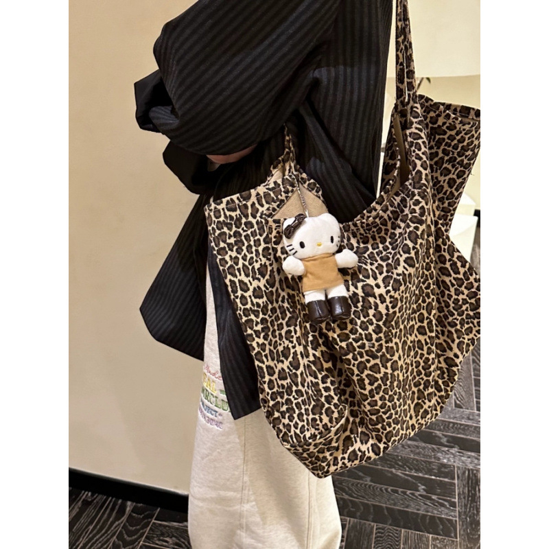 Platnena tote torba s leopardim uzorkom, velik kapacitet, dvostruke ručke, džep za mobitel