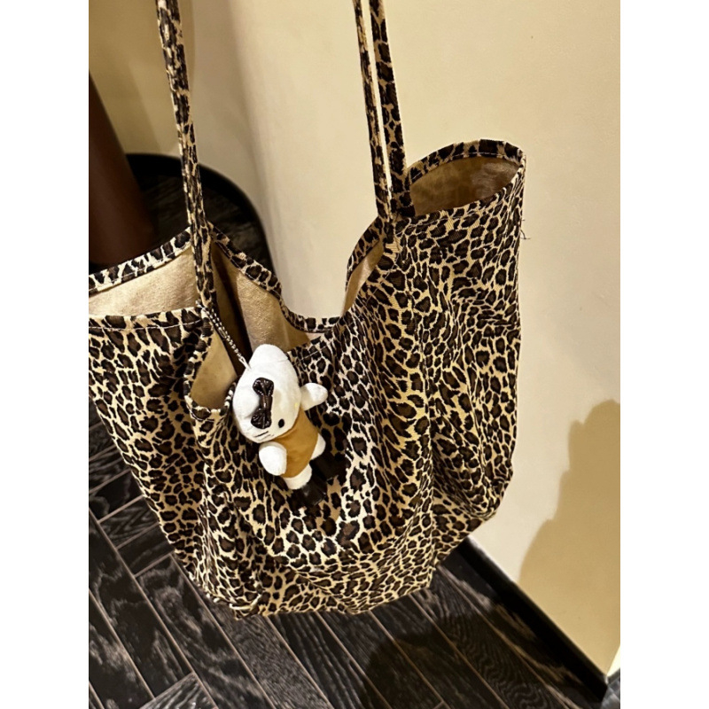 Platnena tote torba s leopardim uzorkom, velik kapacitet, dvostruke ručke, džep za mobitel
