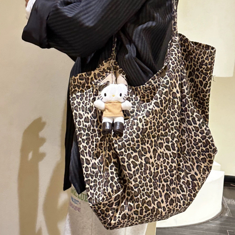 Platnena tote torba s leopardim uzorkom, velik kapacitet, dvostruke ručke, džep za mobitel