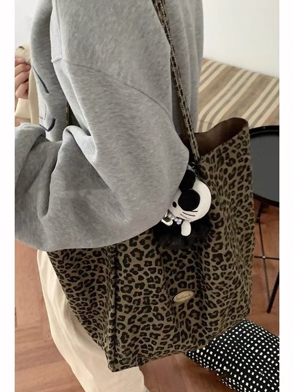 Ženska torba od platna s leopard printom, velika kapaciteta, dvostruki kaiševi, vertikalni kvadratni oblik, otvoreni džep, podstava od poliestera