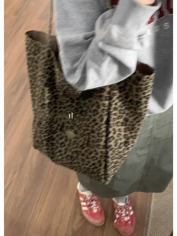Ženska torba od platna s leopard printom, velika kapaciteta, dvostruki kaiševi, vertikalni kvadratni oblik, otvoreni džep, podstava od poliestera