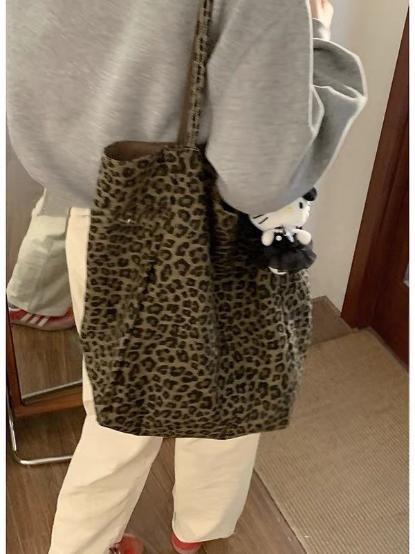 Ženska torba od platna s leopard printom, velika kapaciteta, dvostruki kaiševi, vertikalni kvadratni oblik, otvoreni džep, podstava od poliestera