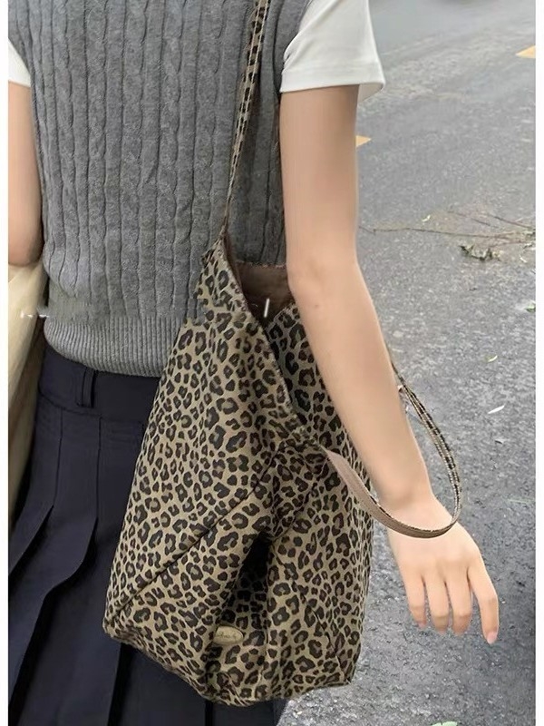 Ženska torba od platna s leopard printom, velika kapaciteta, dvostruki kaiševi, vertikalni kvadratni oblik, otvoreni džep, podstava od poliestera